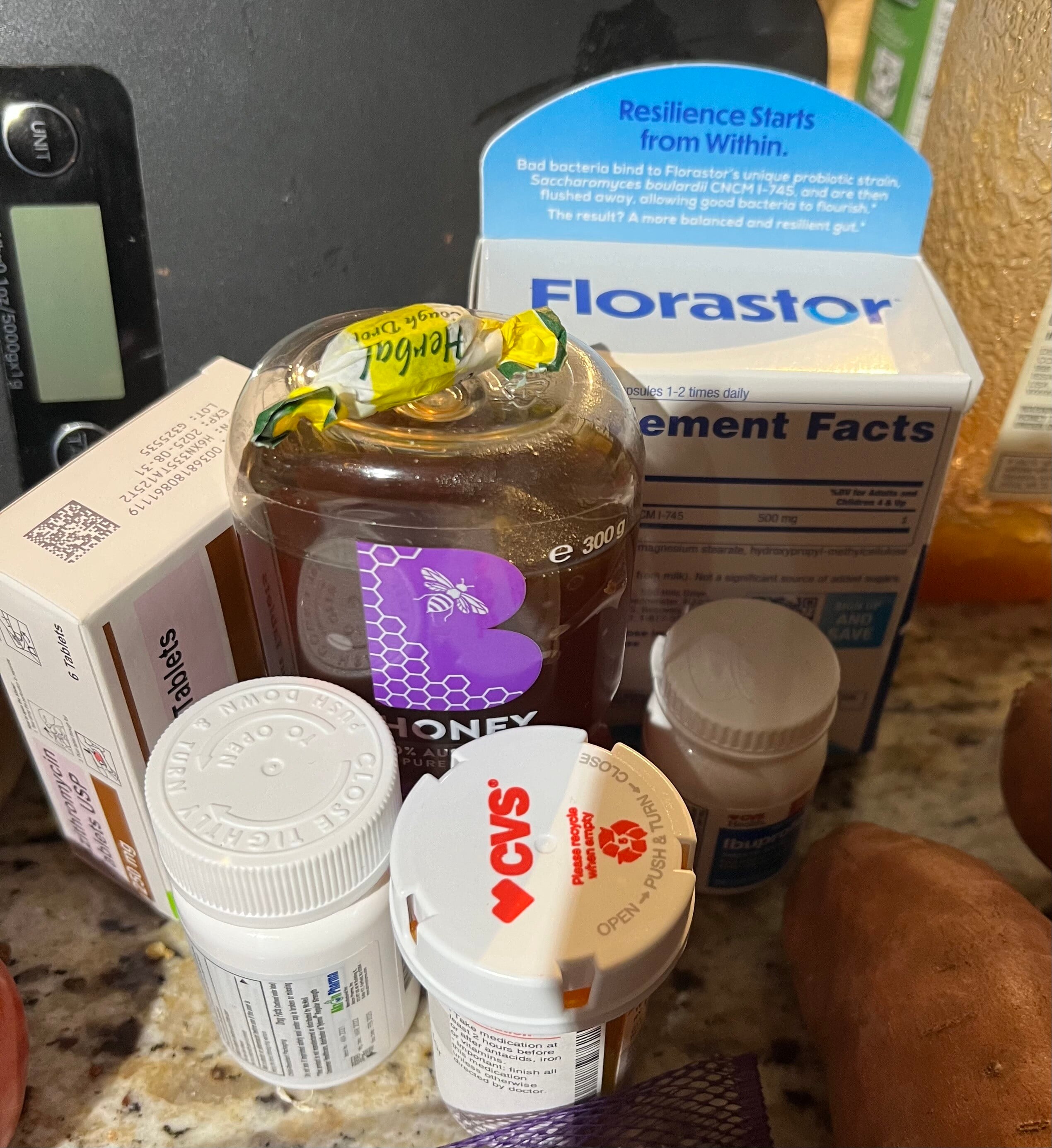 a collection of medicine containers