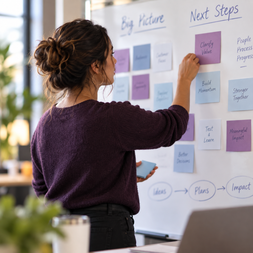 WomanBrainstormsAtWhiteBoard